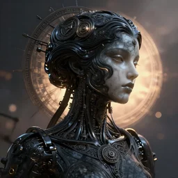 epic illustration, digital abstract sculpt of beautiful female face body and black swirling latex acrylic portrait, black latex sculpt, mechanical superstructure, sacred geometry, glowing edges, magic hour, beautiful light, sculpture of carving marble, dark colors, filigree ornaments, one point light, clockwork, epic matte painting, concept art, bokeh, digital painting