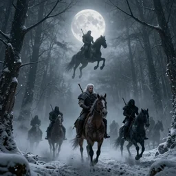 the wild hunt, spectres, apparitions, unholy, riding in the sky, bad omen, enchanted forest, blizzard storm, fog, full moon, snowy environment, in the style of the witcher series, hyperrealism, breathtaking, award winning, groundbreaking, octane render, unreal 5, intricate digital art, 8 k hi - res