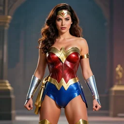 Lynda Carter wonder woman, busty, small waistline, too thick thighs, LeraPI official art, digital art, artstation , highly detailed , 4k , cinematic lighting