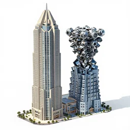 an exploded 3d axonometric diagram of a maximalist skyscraper by gaudi and by gehry, highly detailed glass and stone facade, massive scale, epic complexity, with the density of a borg cube, octane render, volumetric lighting, hightech, ethereal and whimsical
