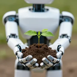 robot in his hands is holding a small piece of land with a small ecological green plant