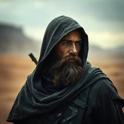 a bearded cloaked rugged mercenary man with lost in the desert, scifi character portrait by greg rutkowski, esuthio, craig mullins, fullbody portrait, cinematic lighting, dystopian scifi gear, gloomy, profile picture, mechanical, half robot, implants, steampunk