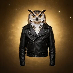 front of owl wearing black biker jacket, portrait photo, full body, backlit, studio photo, golden ratio, starry background, black jacket, no human