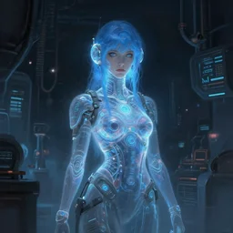 in the style of makhno sabaton, sci fantasy : : digital painting : : pale hologram science girl blue hair : : dark futuristic lab