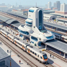illustration of a scifi power building, in  middle of a bustling train station, trains moving into the distance, overhead view, Krzysztof Nowak, 4k