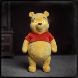 ( ( ( daguerreotype ) ) ) photograph of winnie the pooh with [ [ [ [ [ [ [ [ [ [ [ [ [ illuminated eyes, light coming out of his eyes, burning eyes ] ] ] ] ] ] ] ] ] ] ] ] ], standing in the middle of the room, black background, janes gurney