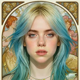 realistic detailed face portrait of Mermaid Billie Eilish, by Alphonse Mucha, Ayami Kojima, Amano, Charlie Bowater, Karol Bak, Greg Hildebrandt, Jean Delville, and Mark Brooks, Art Nouveau, Neo-Gothic, gothic, rich deep colors