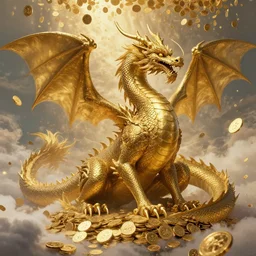 Giant dragon sitting gold coins raining down from heaven, beautifully, fantasy, dramatic, intricate, elegant, highly detailed, digital painting, artstation, concept art, smooth, sharp focus, illustration, art by Gustave Dore, octane render