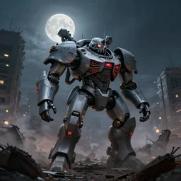 a very big grey giant mechanical weapons battle armor mechwarrior in the middle of war - torn battlefield of a crumbling city, dim sky, very big moon, some smoke, a little bit yellow lights, red glow, smooth, sharp focus, superior quality, 8 k, cinematic lighting, octane render, wide angle, by bilibin, kuvshinov, malevich and