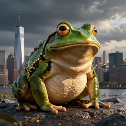 giant frog standing over new york city