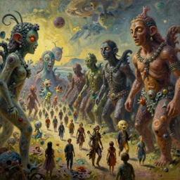 surreal landscape full color  oil painting of a terrifying  bizarre parade deep perspective small biomorphic creatures in background large disturbing humanoids in the foreground perfect composition golden ratio epic scene hyperrealistic detail