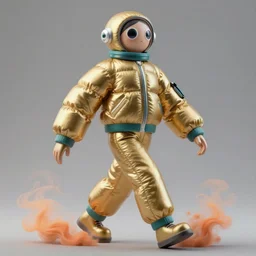 a single female striding slender figurine of a tall giant inflated space man wearing over sized gold teal puffy bomber jacket, long bendy arms and legs, googly eyes, tareme eyes, small head, personification, dynamic pose, detailed product photo, tone mapped, beautiful composition, orange mist swirling at feet, 8 5 mm, f 5. 8