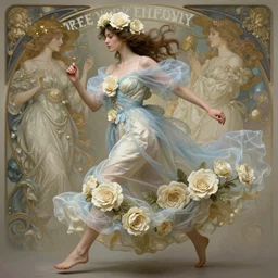 one woman dressed in a vaporous wrapped large  victorian cream roses silk semi-transparent blue and cream dress fashion is running  D&D, fantasy, intricate, elegant, highly detailed, digital painting, artstation, concept art, matte, sharp focus, illustration, art by Artgerm and Greg Rutkowski and Alphonse Mucha, UHD