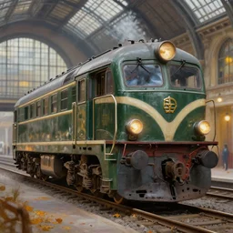 a neo vintage tgv locomotive, detailed, paris railway station background, photorealism, volumetric lights, autumn lights, depth of field, by moebius and ricardo robles, marco turini, oil, ink, gouache, 3 d concept art, octane render