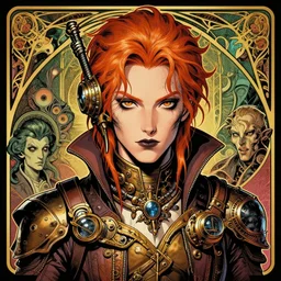 a detailed portrait illustration of a steampunk tech - sorcerer. attractive androgynous face, ginger. art nouveau, pop art, comic book style. influenced by neil gaiman, h. p. lovecraft, dan mumford, brian froud, heade, killian eng, ross tran.