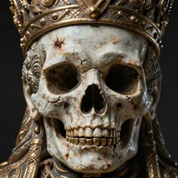 half generating skull face showing dried scars in the cracked stained pale skin of a old king sculpture, highly texturized, matte color, antialiased, sharpen filter, denoised, photorealistic, crippy