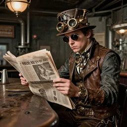 man reading newspaper in a bar grimy, steel, oil,'5 0 s, mechanised, punk cousin of steampnk