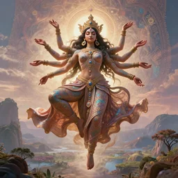 overdetailed maximalist fullbody portrait of a beautiful female energy being reminds to kali, having four arms and dancing while transcending to her true form while floating over a surreal landscape. Made by oozium, inspired by silvio vieira, overpainted by loish. 8k 3d realistic render. Bright, sacred, spiritual, dawn, backlit, calm, relaxed, dynamic, ethereal, arcane, intricate, mysterious, dramatic, cinematic. Seen from below. Overpaint in Indian tapestry style