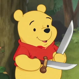 winnie the pooh holding a bloody knife, in the style of winnie the pooh cartoon