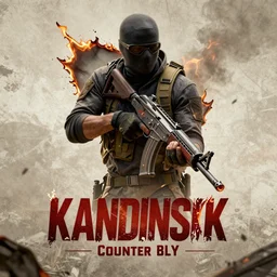 counter strike kandinsky style poster, slogan, burned