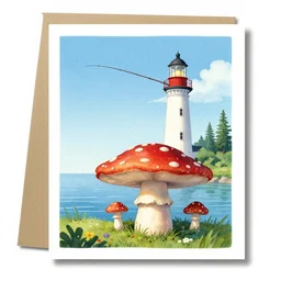1 9 5 0 s greeting card fishing on a toadstool, mushroom lighthouse, good morning