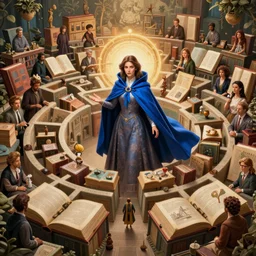 highly detailed surreal vfx portrait of a female mage with a blue cape in a labyrinth of books with various adventures and stories unfolding, stephen bliss, unreal engine, greg rutkowski, loish, rhads, beeple, makoto shinkai and lois van baarle, ilya kuvshinov, rossdraws, tom bagshaw, alphonse mucha, global illumination, detailed and intricate environment