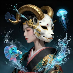 godess - up profile portrait biomechanics with ram skull. beautiful intricately detailed japanese wolf kitsune mask and clasical japanese kimono. betta fish, jellyfish phoenix, bio luminescent, plasma, ice, water, wind, creature, artwork by stephanie law and greg rutkowski. gold black teal and blue color scheme
