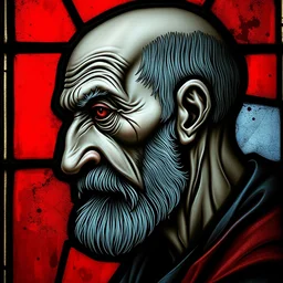 1 0 th century stained glass window, side portrait of a very old man, side - view, villain, uneven grey skin, red eye - shadow, bald and shaven, red bloody background, masterful