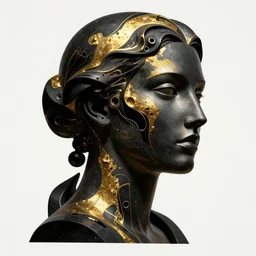 epic concept art. abstract female face silhouette mixing with black and gold liquid fluid. abstract sculpture. art deco tech. masterpiece by michelangelo. concept art, matte painting. greg rutkowski, wlop, victo ngai