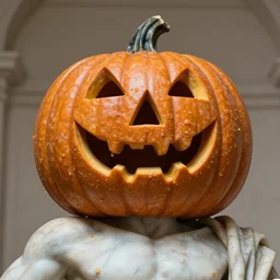 epic statue of jack o lantern sculpted on acrylic flow marble with wax drops over his skin, realistic, volummetric light, by bernini