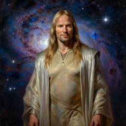 captain picard, god of starlight, long flowing hair, modest flowing gown, smug expression, highly detailed painting by gaston bussiere, craig mullins, j. c. leyendecker 8 k, sparkling nebula