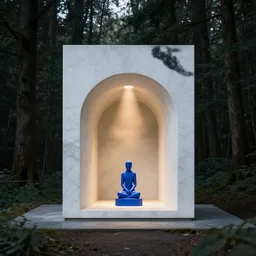 a minimal and mystical contemporary baroque small architecture in the middle of a black forest white marble made, inside stands a small blue sculpture of a geometrical divinity, it's downing, inlight, there's a golden foggy around it, silence