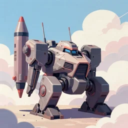 an armored core on the ground, booster, clouds, daylight ; detailed illustrations, pastel tones, deep colors, clear lines, by jordan grimme, greg rutkowski