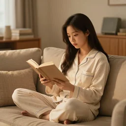 nayeon reading a book in a cozy living room, wearing pajamas, sitting on a couch, 3 5 mm, f / 2. 8, incandescent lighting