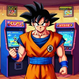 goku, arcade, videogame, pixel art, high detail, 1 6 bits, 2 d, sprite