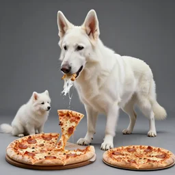detailed photo of a white german shepherd eating pizza, various posed, full body, studio light, 8 k, photorealism, intricate detail, diffuse lighting