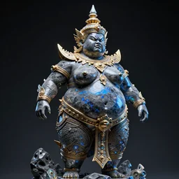 intricate holographic realistic full - body sculpture of futuristic digital obese angry thai empress, stone and glass and gold, high contrast, blue and black, masterpiece