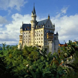 lush hill small hyper realistic castle, atmospheric lighting, blue sky with clouds illustration by weta studio, mucha, bautista and norman rockwell and greg rutkowski and tom bagshaw and james gurney and lucasfilm