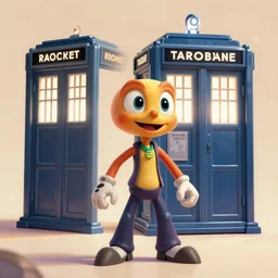 ratchet and clank visits the tardis, D&D, fantasy, cinematic lighting, highly detailed, digital painting, artstation, concept art, smooth, sharp focus, illustration, warm light, cozy warm tint, magic the gathering artwork, volumetric lighting, 8k, no gold, no gold colours, art by Akihiko Yoshida, Greg Rutkowski