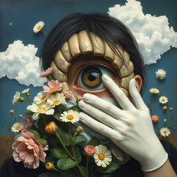 compressed flowers, morphed earth, ridiculed bandages, changed eye color, subliminal time travel of thought. impossible love concept love. painting is valued at 2 million yen, museum - quality oil painting, traditional art, museum - quality oil painting. superflat tears.