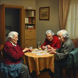 2 old ladies and a woman playing cards in a commieblock apartment, still life painting, oil painting