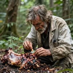 A feral and dishevelled doctor in his natural habitat feeding on a rotten carcass. He is in his forties and wearing a dirty worn out doctor\'s coat. 4K, National Geographic photograph