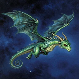 an alien dragon flying through space, Dan Seagrave art
