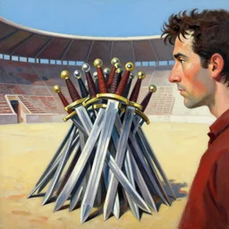 greg manchess painting of a pile of swords in the middle of an arena, profile picture, organic painting, sunny day, matte painting, bold shapes, hard edges, street art, trending on artstation, by huang guangjian, gil elvgren, ruan jia, randy vargas, greg rutkowski