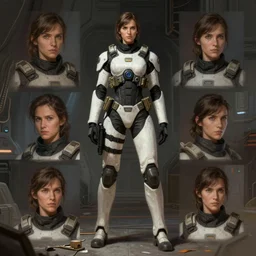 concept art by greg rutkowski, a very tall, slender female soldier wearing futuristic white and black tactical gear, brutalist futuristic interior, dim lighting, detailed portraits, nostalgic atmosphere, scifi, digital painting, artstation, concept art, smooth, sharp foccus ilustration, artstation hq