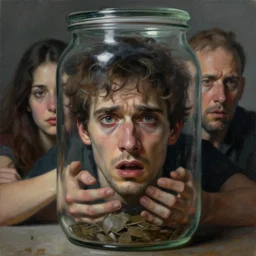 a terrified man trapped inside a jar. detailed face. beautiful detailed dramatic painting by artgerm and magali villanueve and michael whelan
