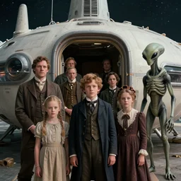 still from a sci fi blockbuster movie made in 2022, set in 1860, of a family leaving a spaceship, that has just landed on an alien planet, wearing 1850s era clothes, a humanoid alien stands nearby, cinematic lighting, 8k, in focus faces, oscar winner, high quality photography