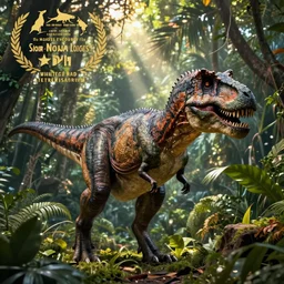 tyrannosaurus rex with a cat's head, jungle background