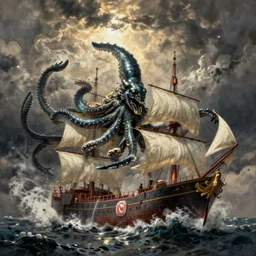 a kraken tearing a ship in half by gustave dore