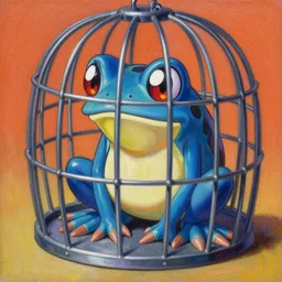 Trending on artstation, Blue frog trapped in a metal cage from Yu-Gi-Oh, in the style of Kazuki Takahashi, oil on canvas